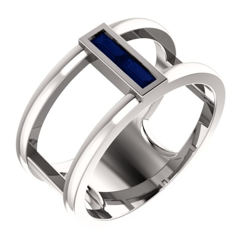 Blue Sapphire Baguette Negative Space Ring, 14k White Gold