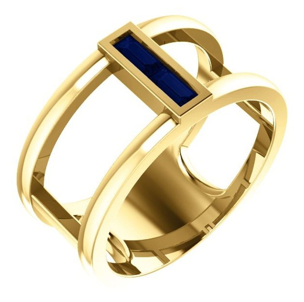 Blue Sapphire Baguette Negative Space Ring, 14k Yellow Gold