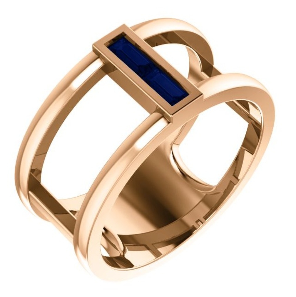 Blue Sapphire Baguette Negative Space Ring, 14k Rose Gold