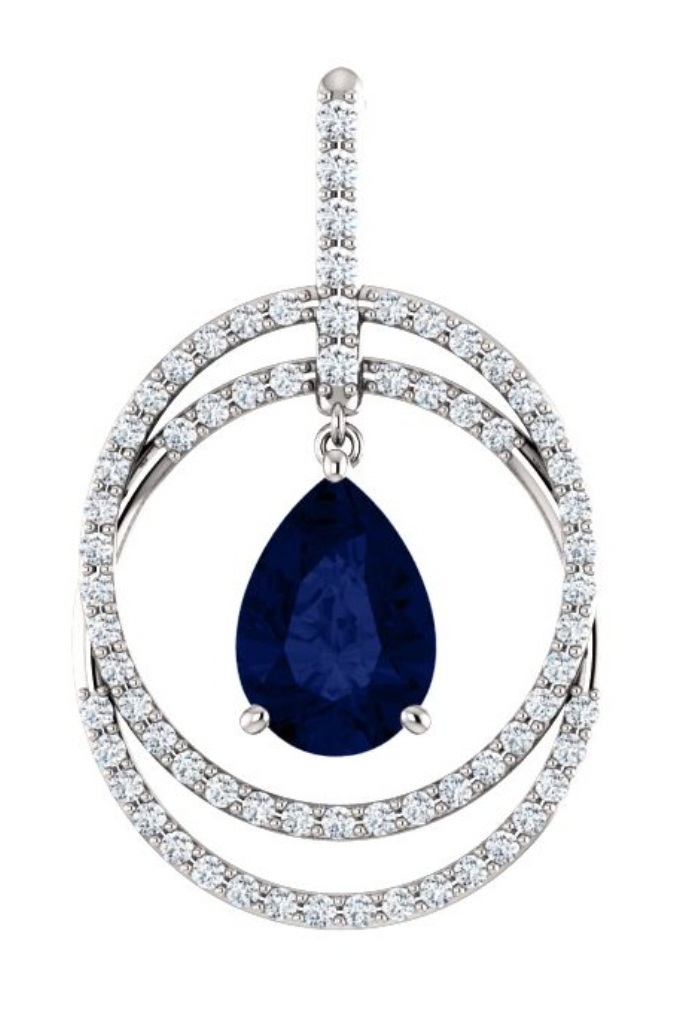 Diamond and Chatham Created Blue Sapphire Double Circle Pendant, Rhodium-Plated 14k White Gold