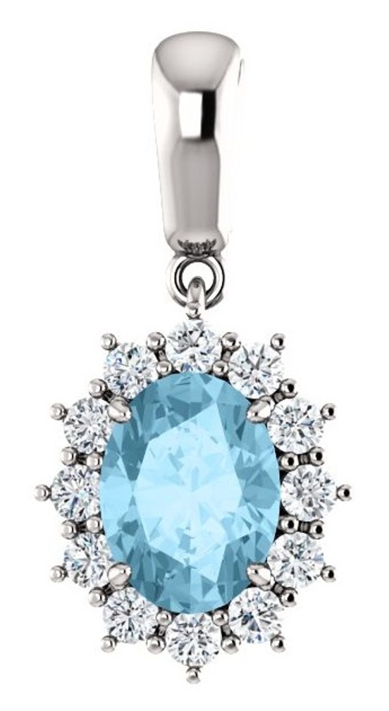 Diamond and Aquamarine Pendant, Rhodium- Plated 14k White Gold