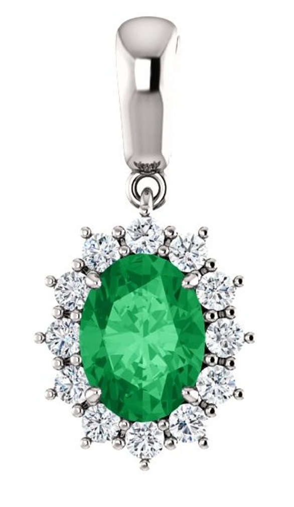 Diamond and Chatham Created Emerald Pendant, Rhodium-Plated 14k White Gold