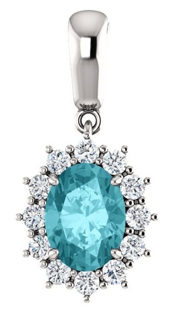 Diamond and Blue Zircon Pendant, Rhodium-Plated 14k White Gold