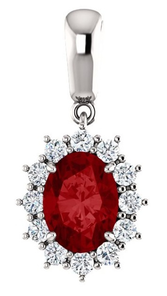 Diamond and Chatham Created Ruby Pendant, Rhodium-Plated 14k White Gold