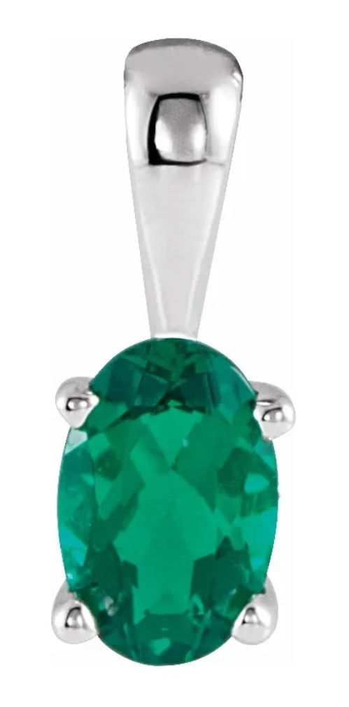 Created Chatham Emerald Oval Pendant, Rhodium-Plated 14k White Gold