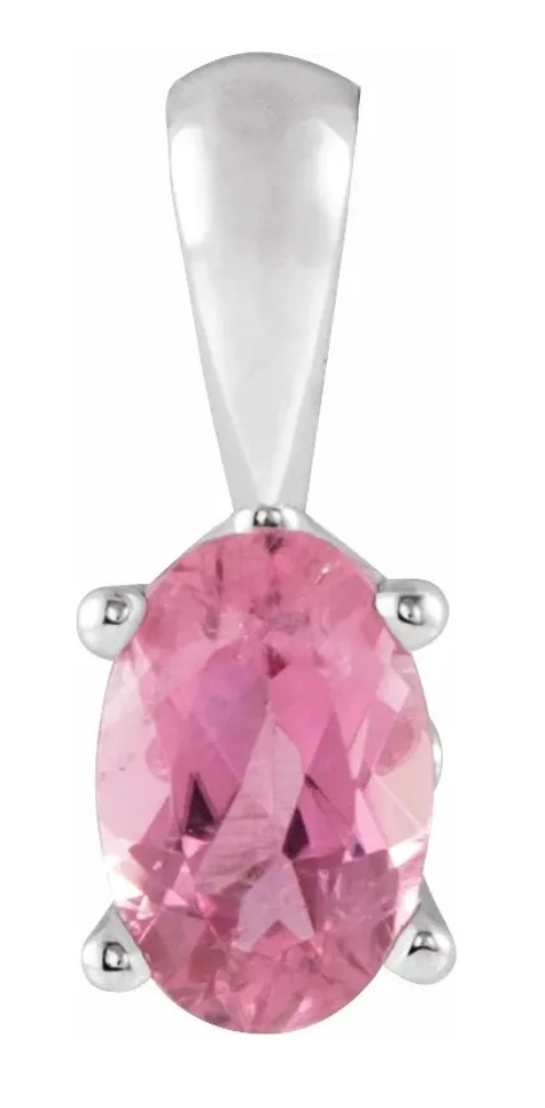 Oval Pink Tourmaline Pendant, Rhodium-Plated 14k White Gold