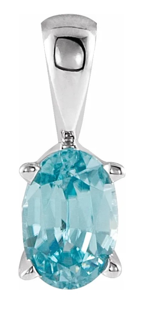 Oval Blue Zircon Pendant, Rhodium-Plated 14k White Gold