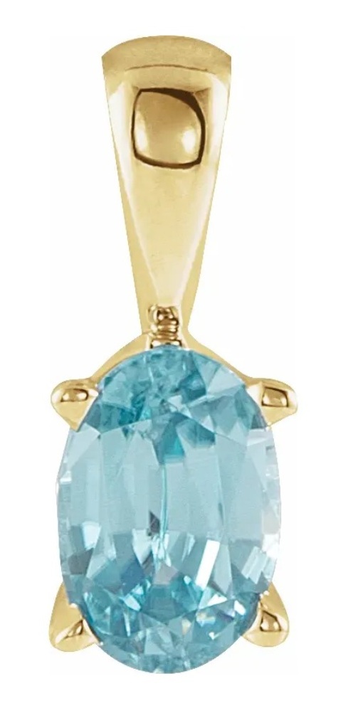 Oval Blue Zircon Pendant, 14k Yellow Gold