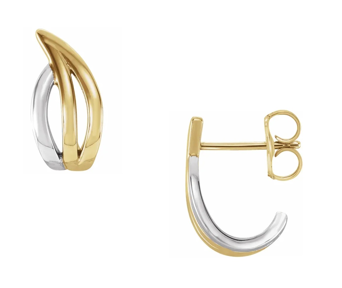 Two-Tone Freeform J-Hoop Earrings, Rhodium-Plated 14k Yellow and White Gold 
