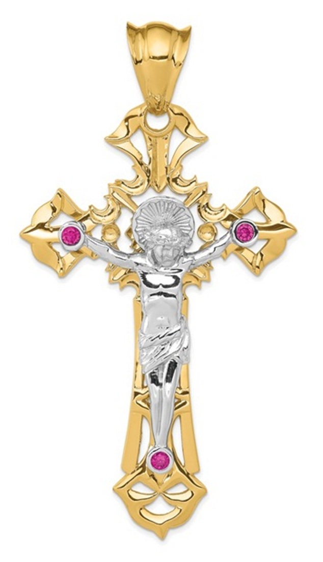 14k Two-Tone Polished With Red CZs Crucifix Pendant