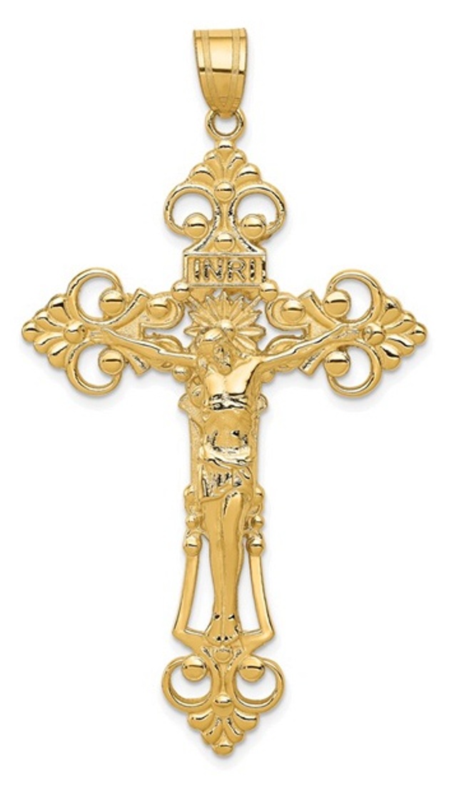 14k INRI Fleur De Lis Crucifix Pendant