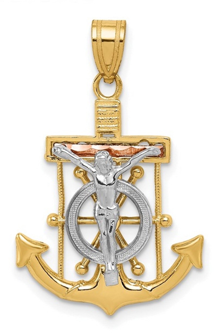 14k Tri-Color Diamond-Cut With Textured Mariner's Cross Pendant