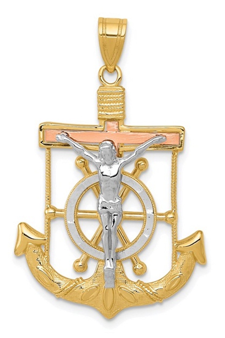 14k Tri-Color Diamond-Cut With Textured Mariner's Cross Pendant