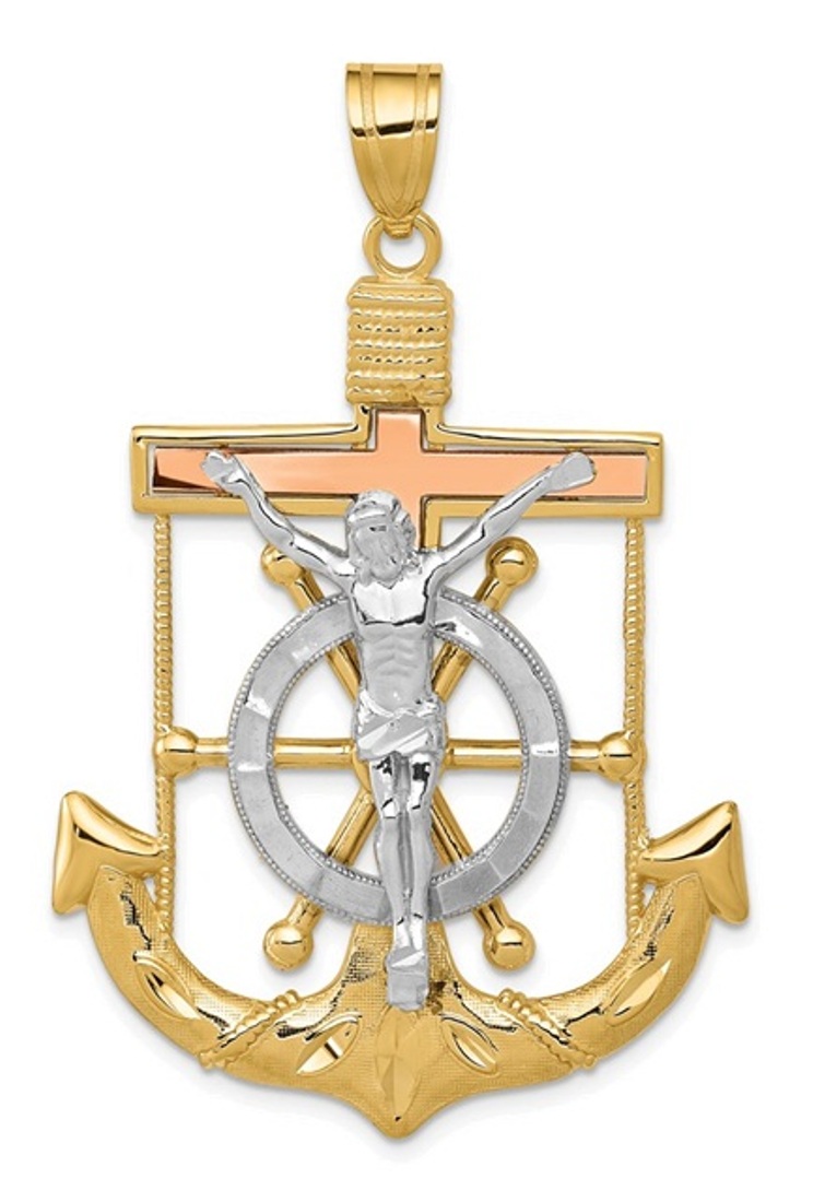 14k Tri-Color Diamond-Cut With Textured Mariner's Cross Pendant