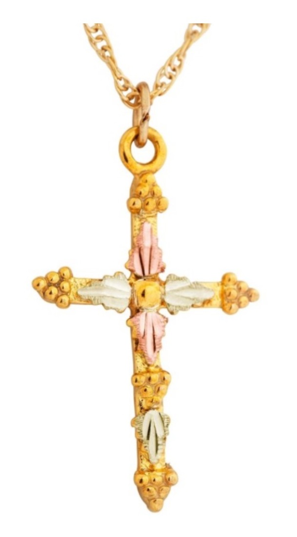 Cross Pendant Necklace, 10K Yellow Gold, 12k Green and Rose Gold Black Hills Gold Motif, 18