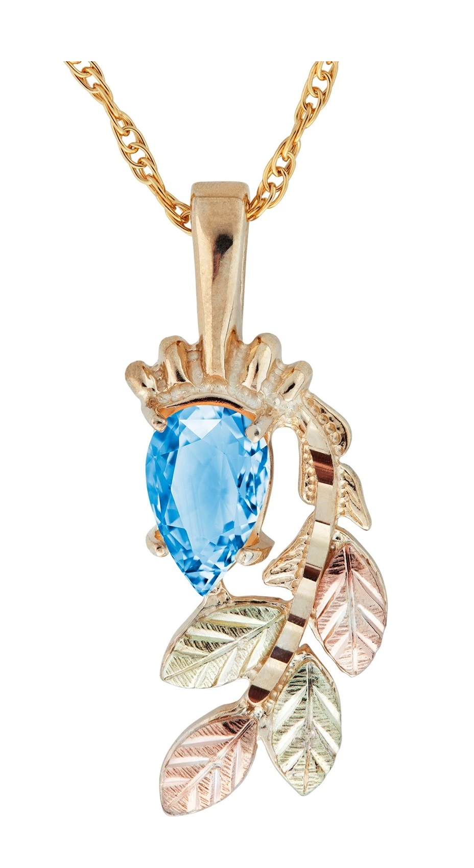 10K Yellow Gold Blue Topaz Pear Shaped Pendant Necklace