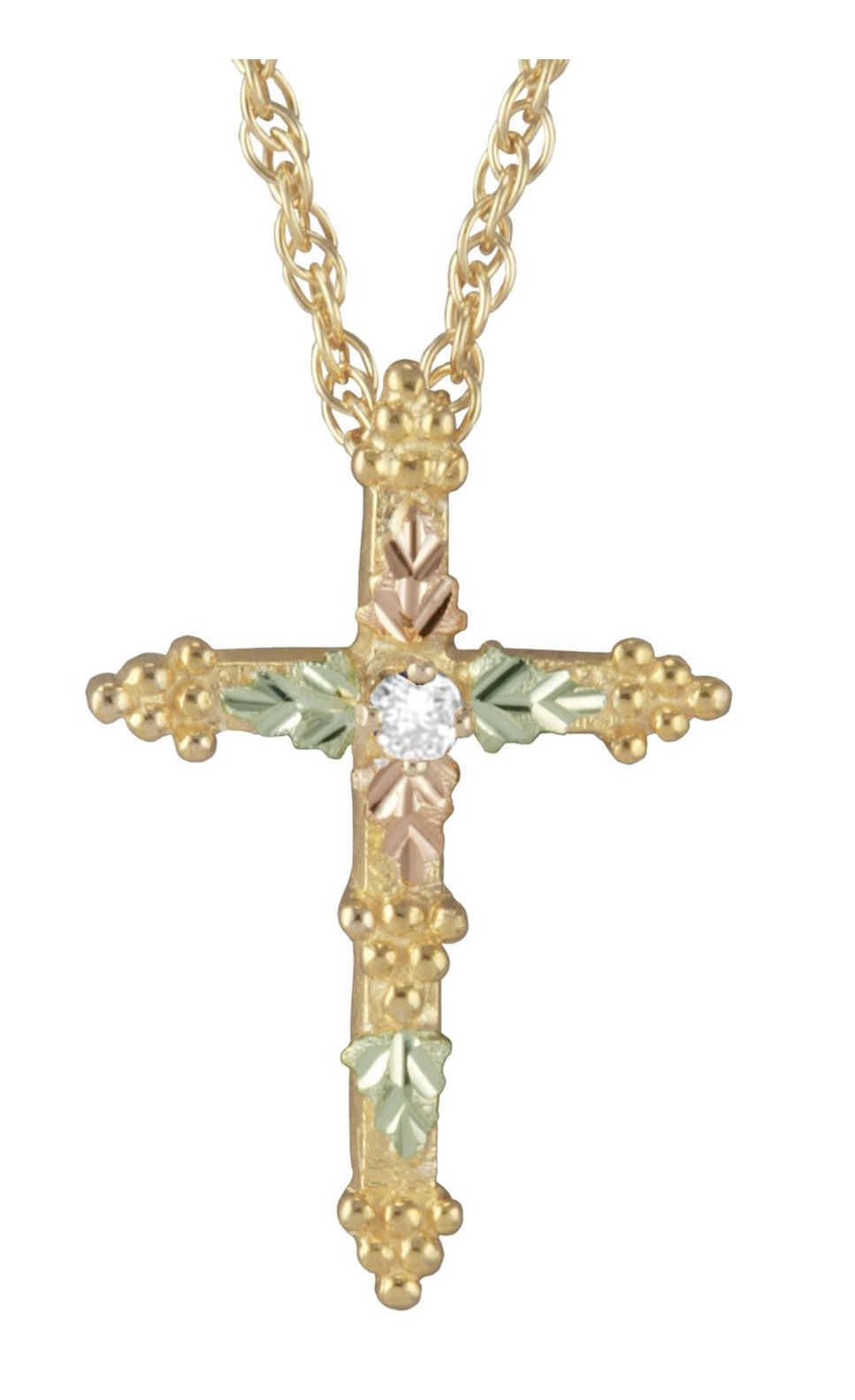 Cross Pendant Necklace, 10K Yellow Gold, 12k Green and Rose Gold Black Hills Gold Motif, 18