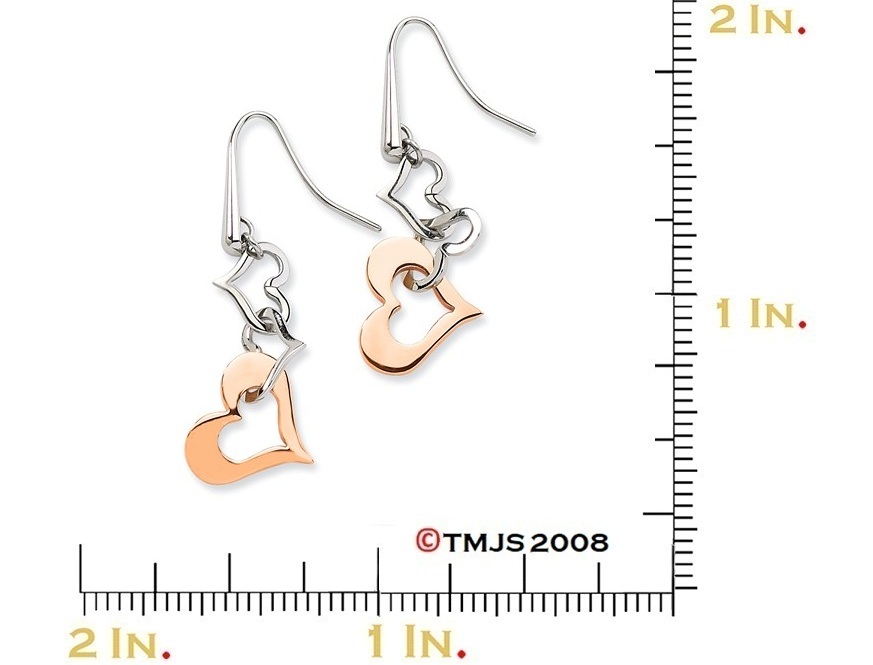 Rose IP PVD Stainless Steel Heart Dangle Earrings.