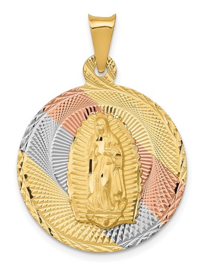 14K With Rhodium Polished D/C Lady Of Guadalupe Circle Pendant