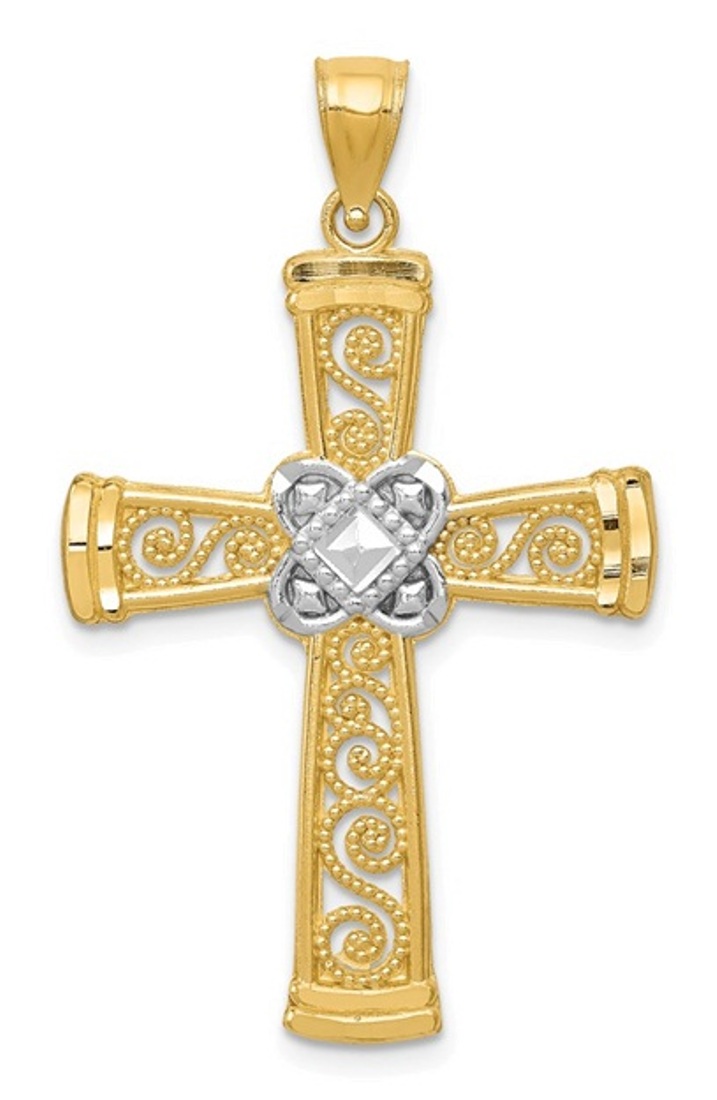 14k With Rhodium Diamond-Cut Filigree Cross Pendant