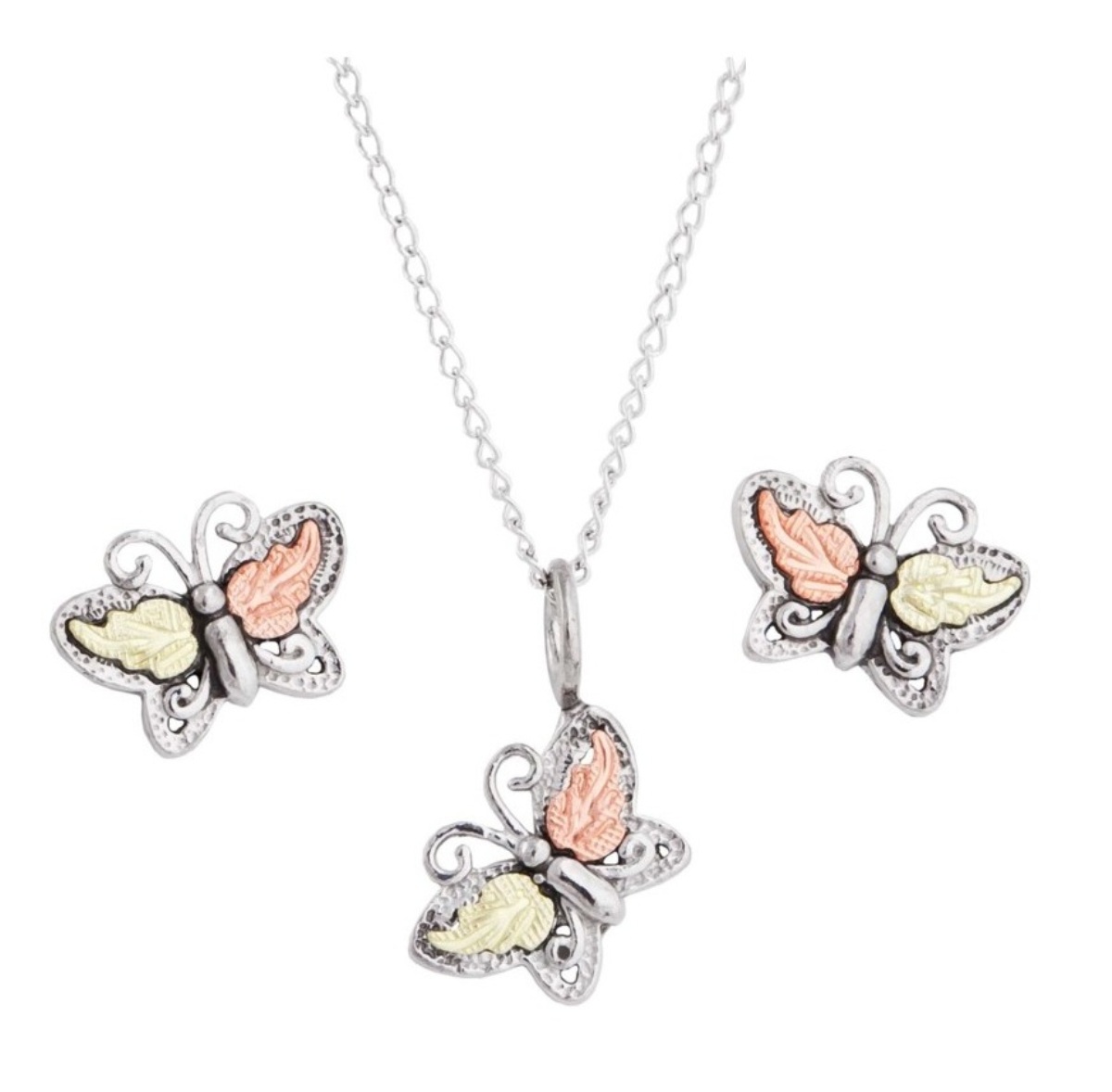 Rhodium-plated sterling silver butterfly pendant necklace and matching earrings with Black Hills Gold 12k rose and green gold grape leaf wings.