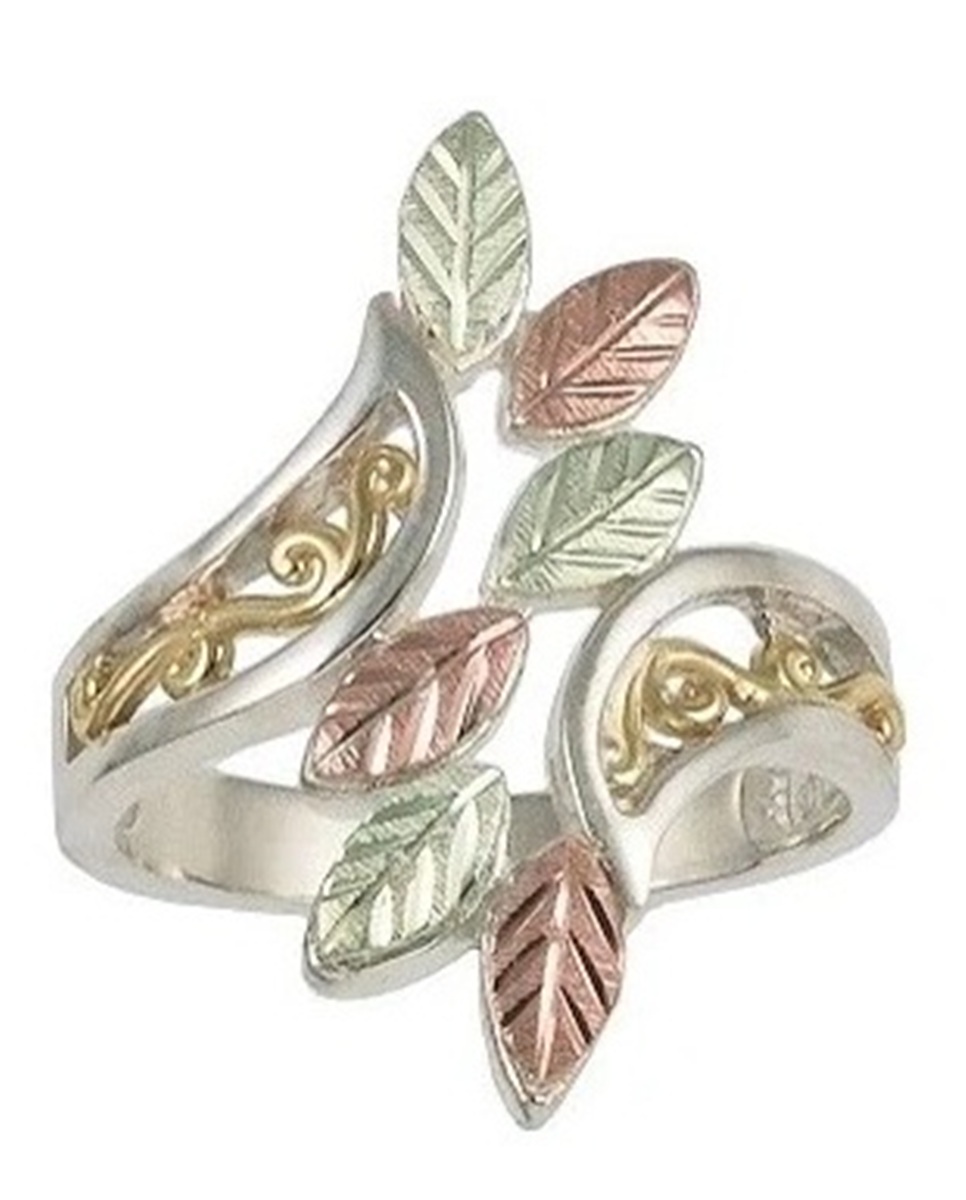 Womens Rhodium-Plated Sterling Silver, 10k Yellow Gold, Fancy Bypass Scrollwork Ring, 12k Rose and Green Gold Black Hills Gold Motif Ring