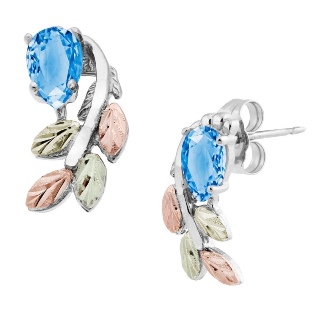 Sterling Silver, Pear Blue Topaz Earring, 12k Green and Rose Gold Black Hills Gold