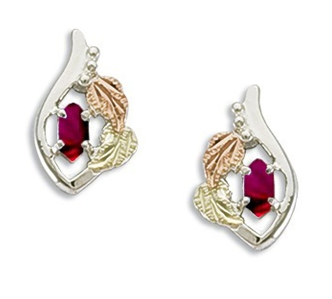 Created Garnet Marquise January Birthstone Earrings, Sterling Silver, 12k Green and Rose Gold Black Hills Gold Motif