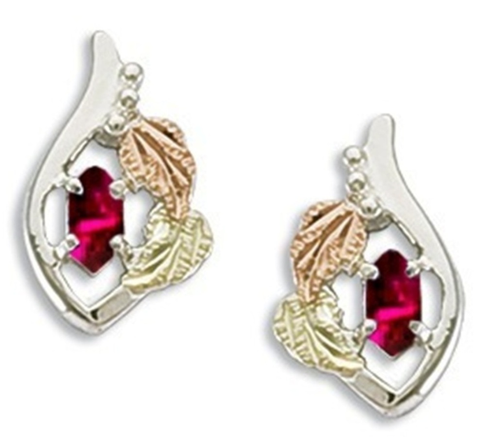 Created Ruby Marquise July Birthstone Earrings, Sterling Silver, 12k Green and Rose Gold Black Hills Gold Motif