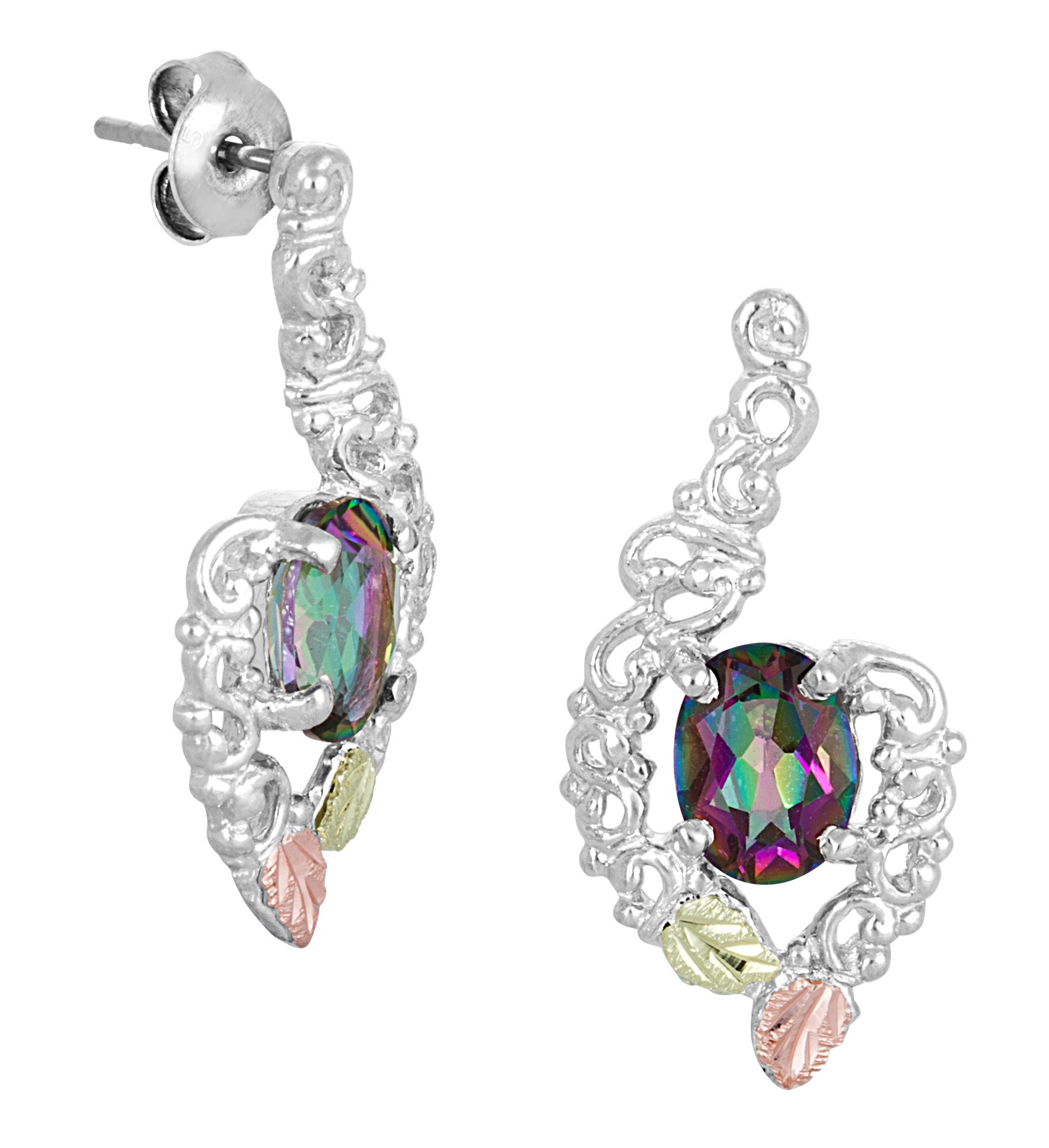 Sterling Silver, Mystic Fire Topaz Earring, 12k Green and Rose Gold Black Hills Gold