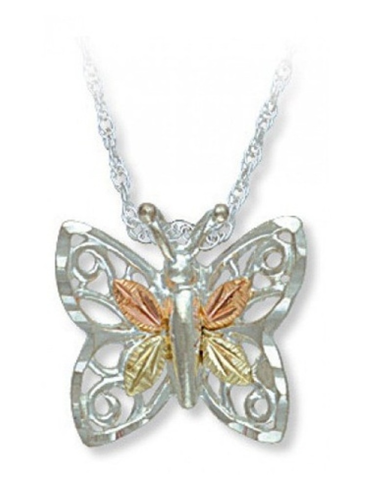 Diamond-Cut Butterfly Pendant Necklace, Sterling Silver, 12k Green and Rose Gold Black Hills Gold Motif, 18