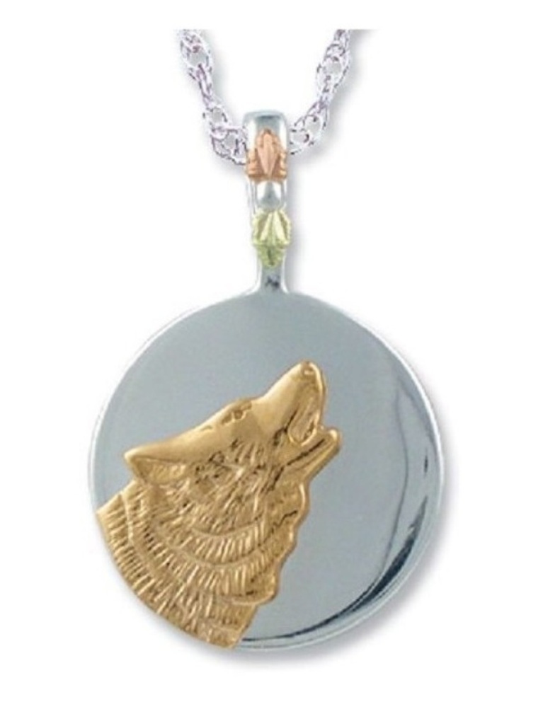 10k Yellow Gold Wolf Pendant Necklace, Sterling Silver, 12k Green and Rose Gold Black Hills Gold Motif, 18