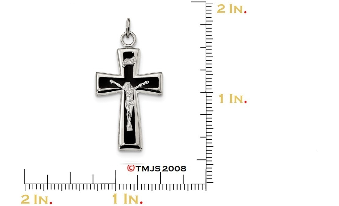 Black Epoxy INRI Crucifix Charm, Sterling Silver Pendant (44.5X21.5MM)