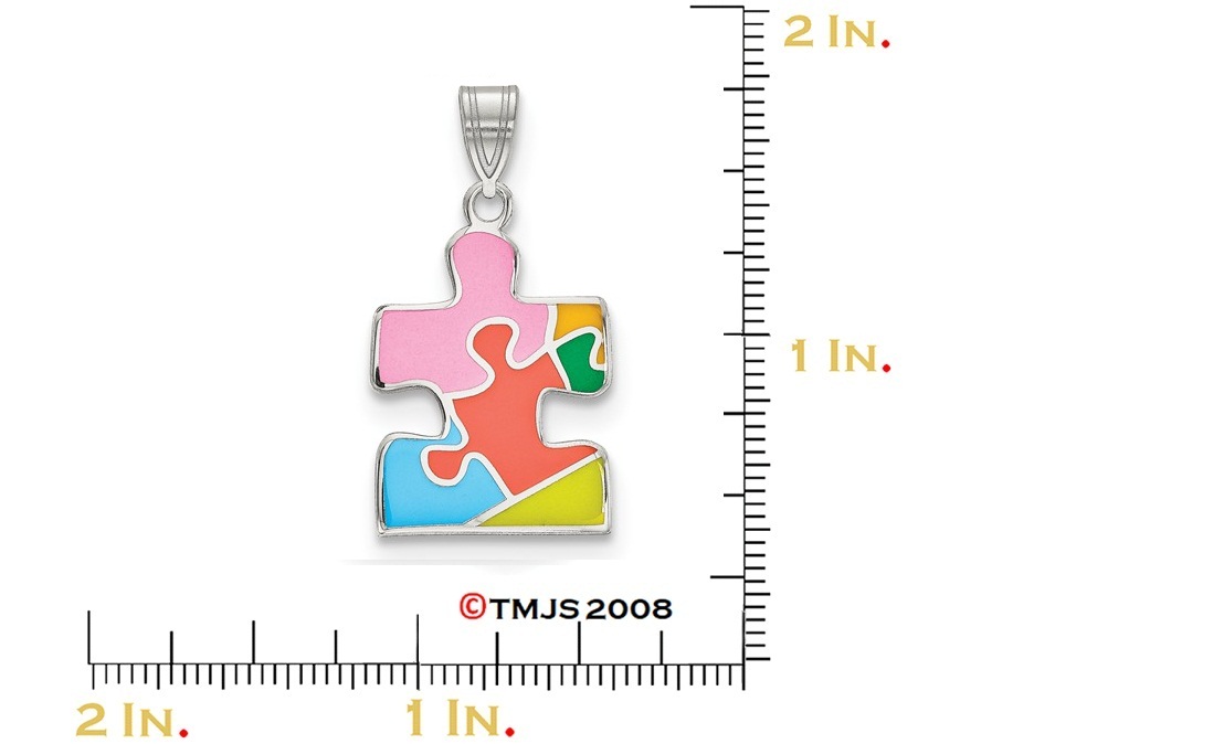 Multi-Color Autism Puzzle Piece Charm, Rhodium-Plated Sterling Silver Pendant (28.5X15MM)