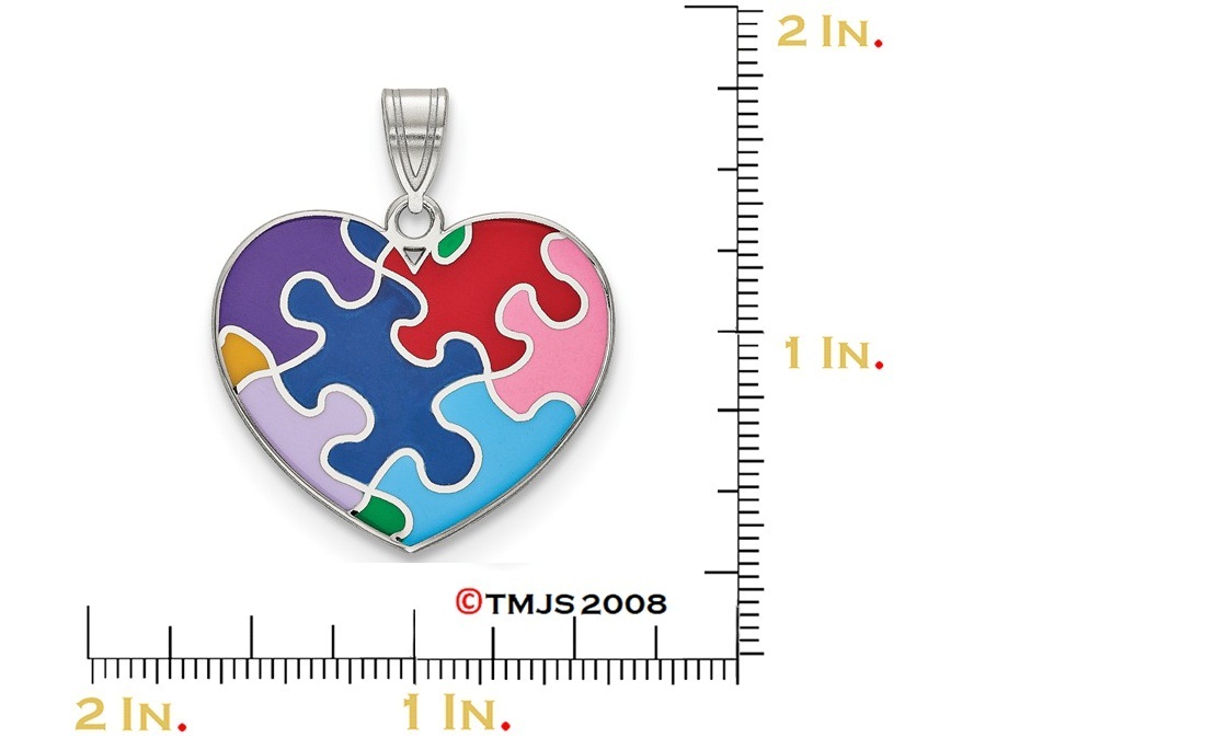 Multi-Color Autism Heart Charm, Rhodium-Plated Sterling Silver Pendant (26.5X22MM)