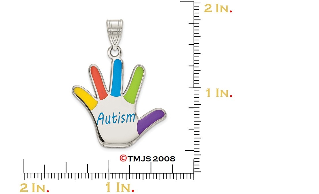 Enameled Autism Hand-print Charm, Rhodium-Plated Sterling Silver Pendant (30x20MM)