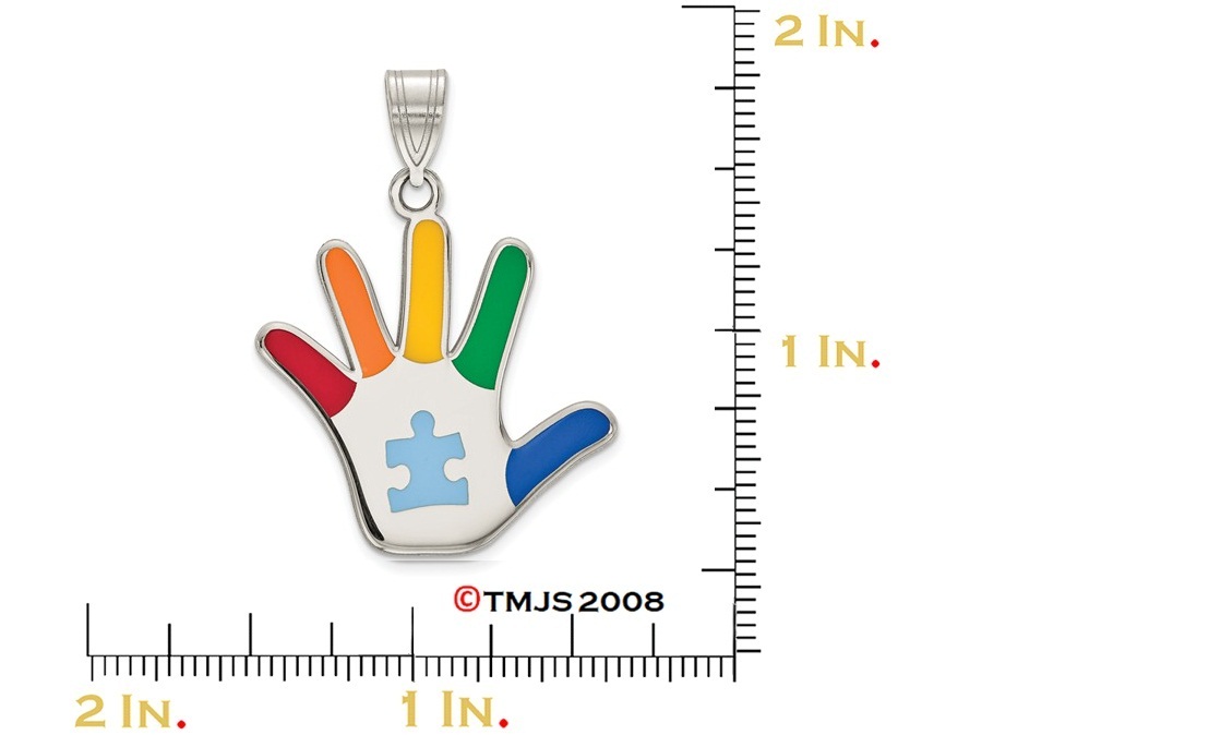 Multi-Color Autism with Puzzle Piece Hand-print Charm, Rhodium-Plated Sterling Silver Pendent (30X20MM)