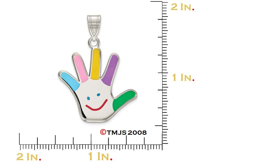 Multi-Color Autism with Happy Face Hand-print Charm, Rhodium-Plated Sterling Silver Pendent (30X20MM)