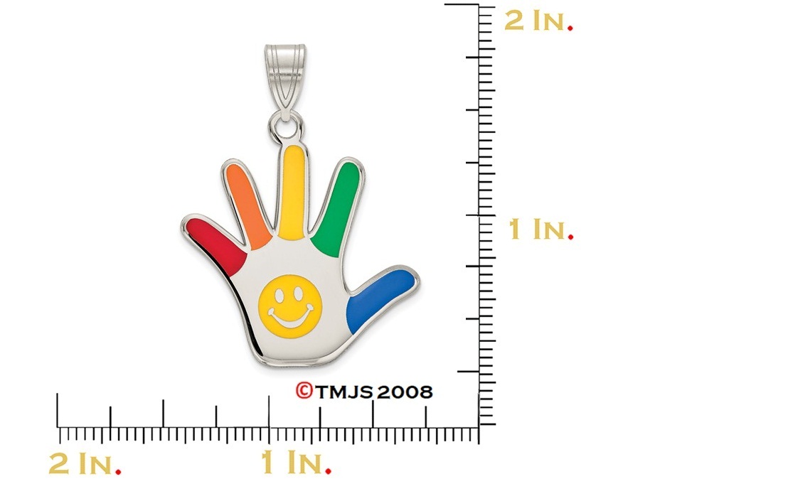 Multi-Color Autism with Smiley Face Hand-print Charm, Rhodium-Plated Sterling Silver Pendent (30X20MM)