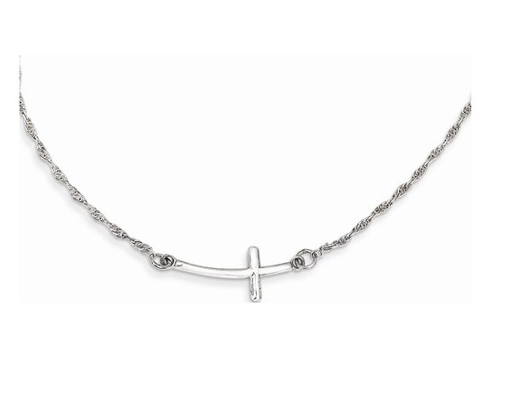 Small Sideways Curved Cross Necklace, Sterling Silver, 18