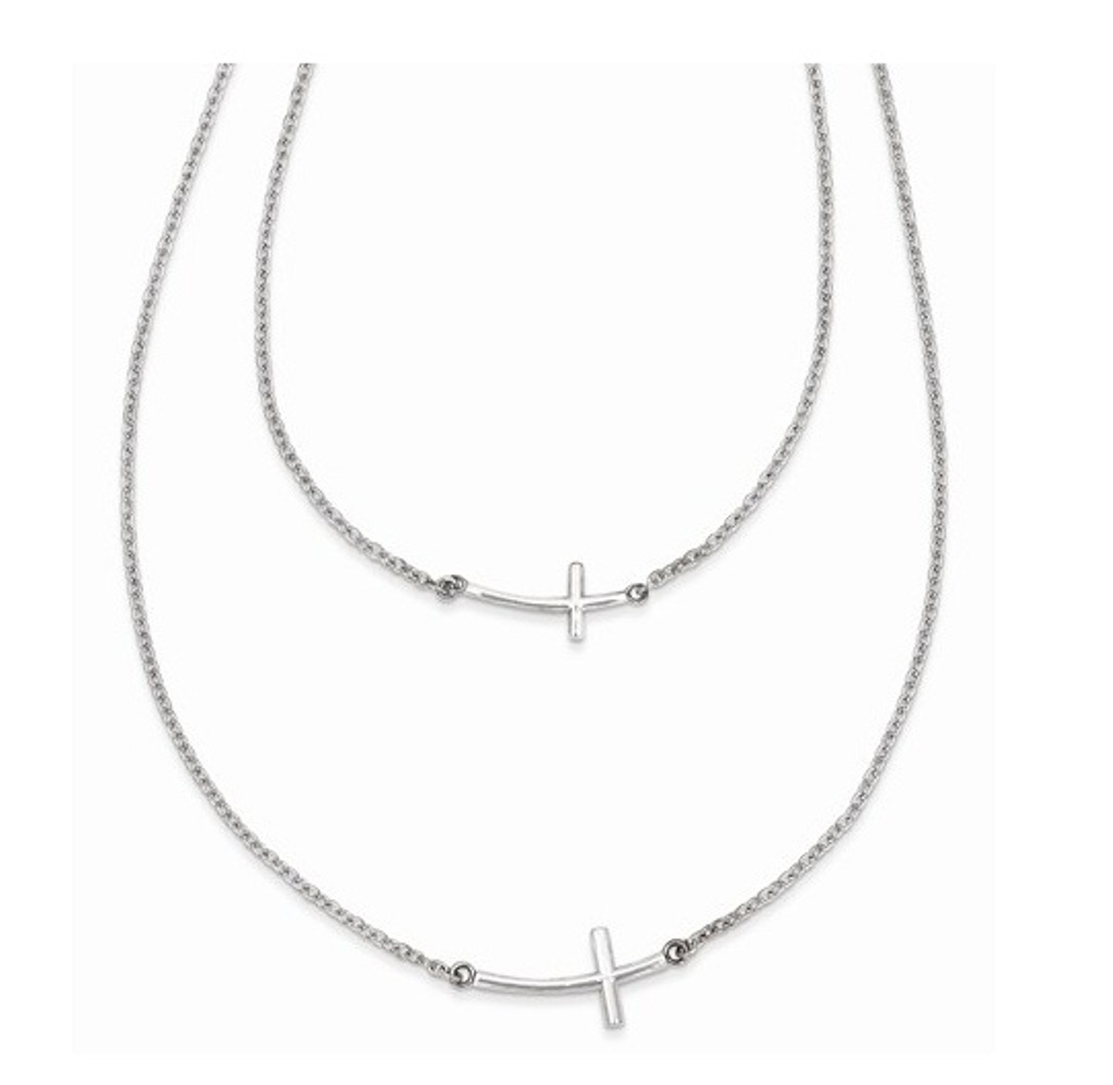 Small and Large Sideways Curved Cross 2-Layer Necklace, Sterling Silver, 18