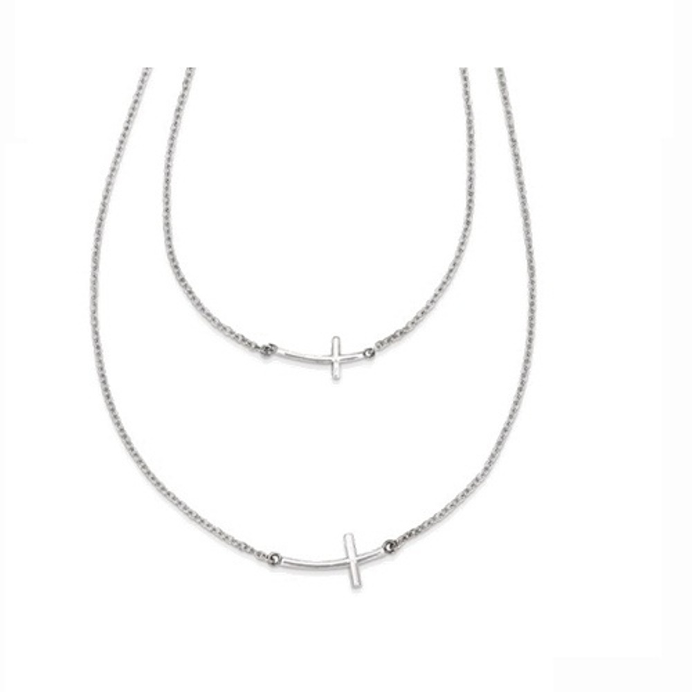 Small and Large Sideways Curved Cross 2-Layer Necklace, Sterling Silver, 18