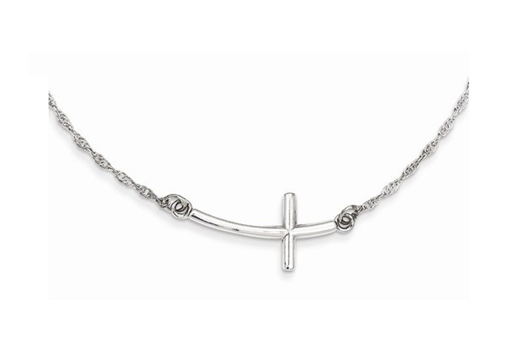 Large Sideways Curved Cross Necklace, Sterling Silver, 18