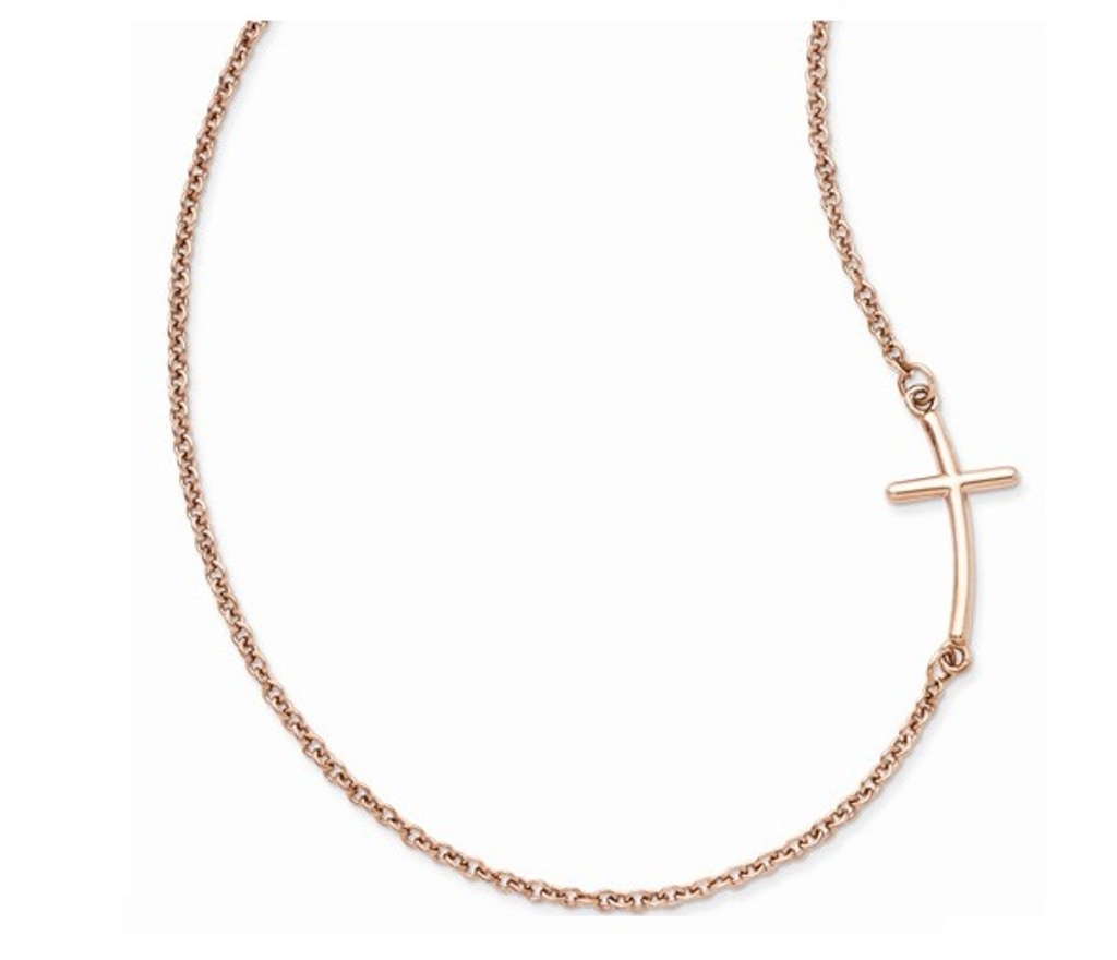 Large Sideways Curved Cross Necklace, Rose Gold-Plated Sterling Silver, 18