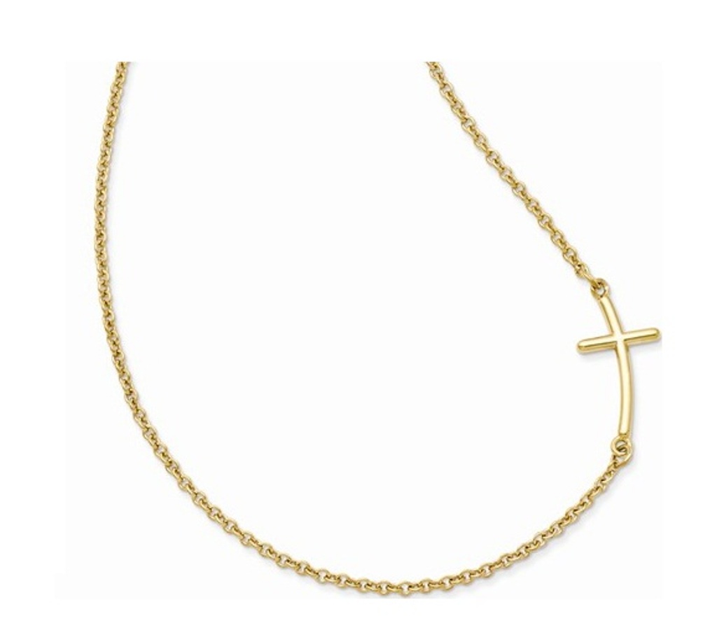 Large Sideways Curved Cross Necklace, Yellow Gold-Plated Sterling Silver, 18