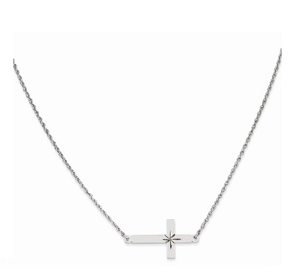  Large Diamond-Cut Sideways Cross Necklace Sterling Silver, 18