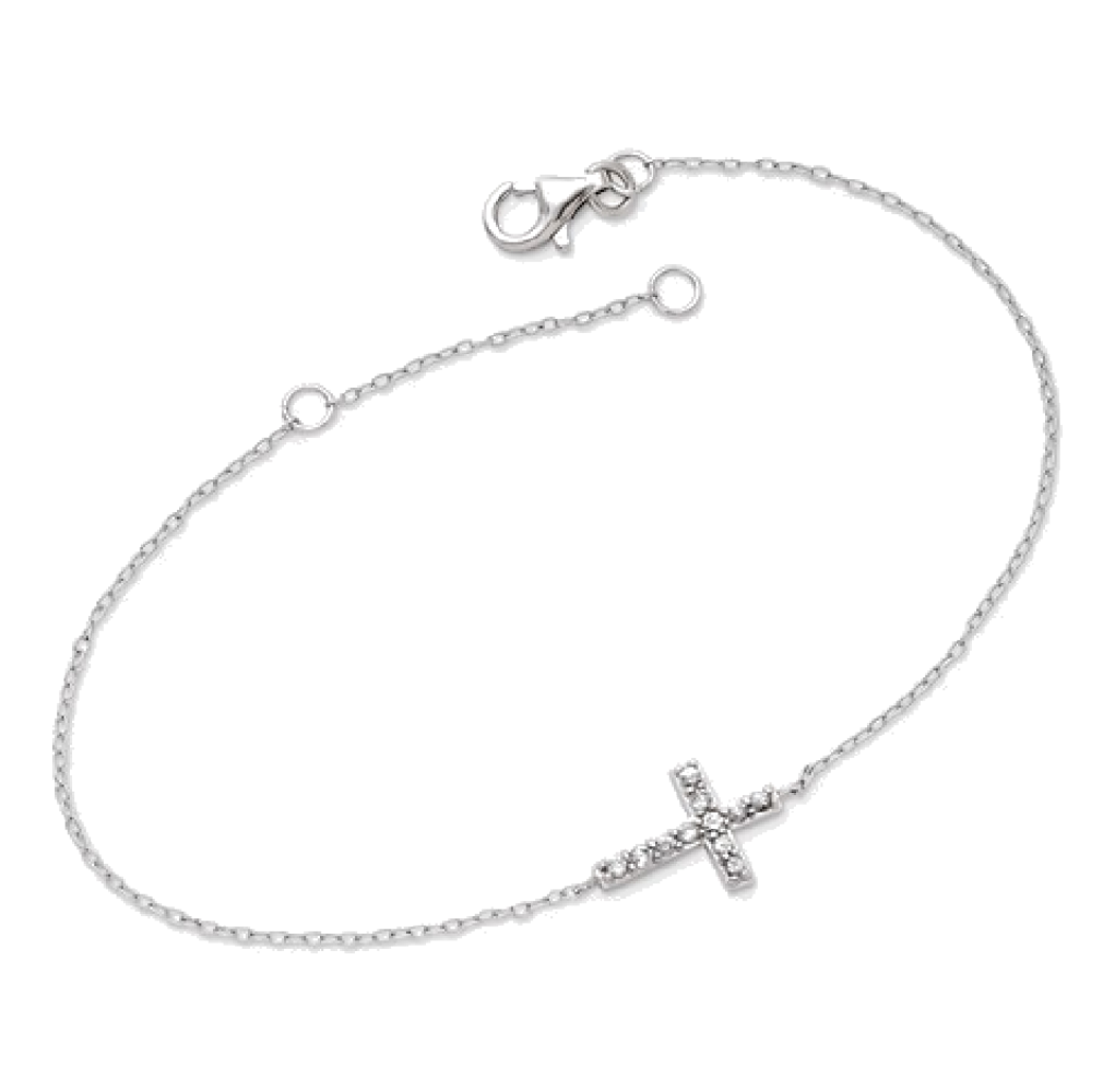 Sterling Silver, CZ Sideways Cross Bracelet, 8