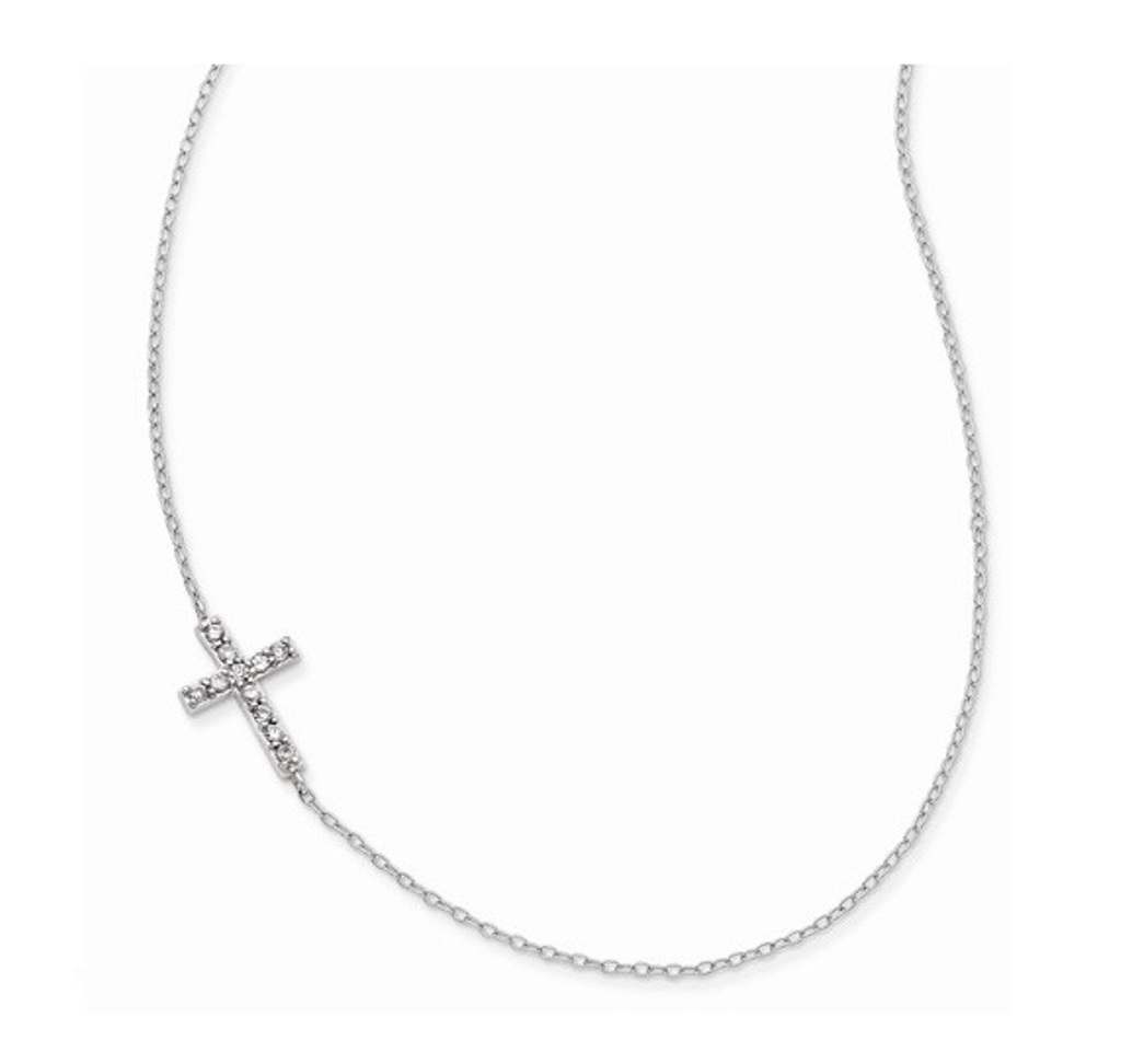  CZ Offset Sideways Cross Nacklace, Sterling Silver, 16-18