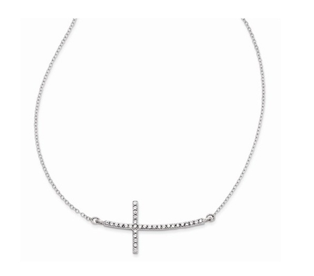 CZ Sideways Cross Nacklace, Sterling Silver, 16-18