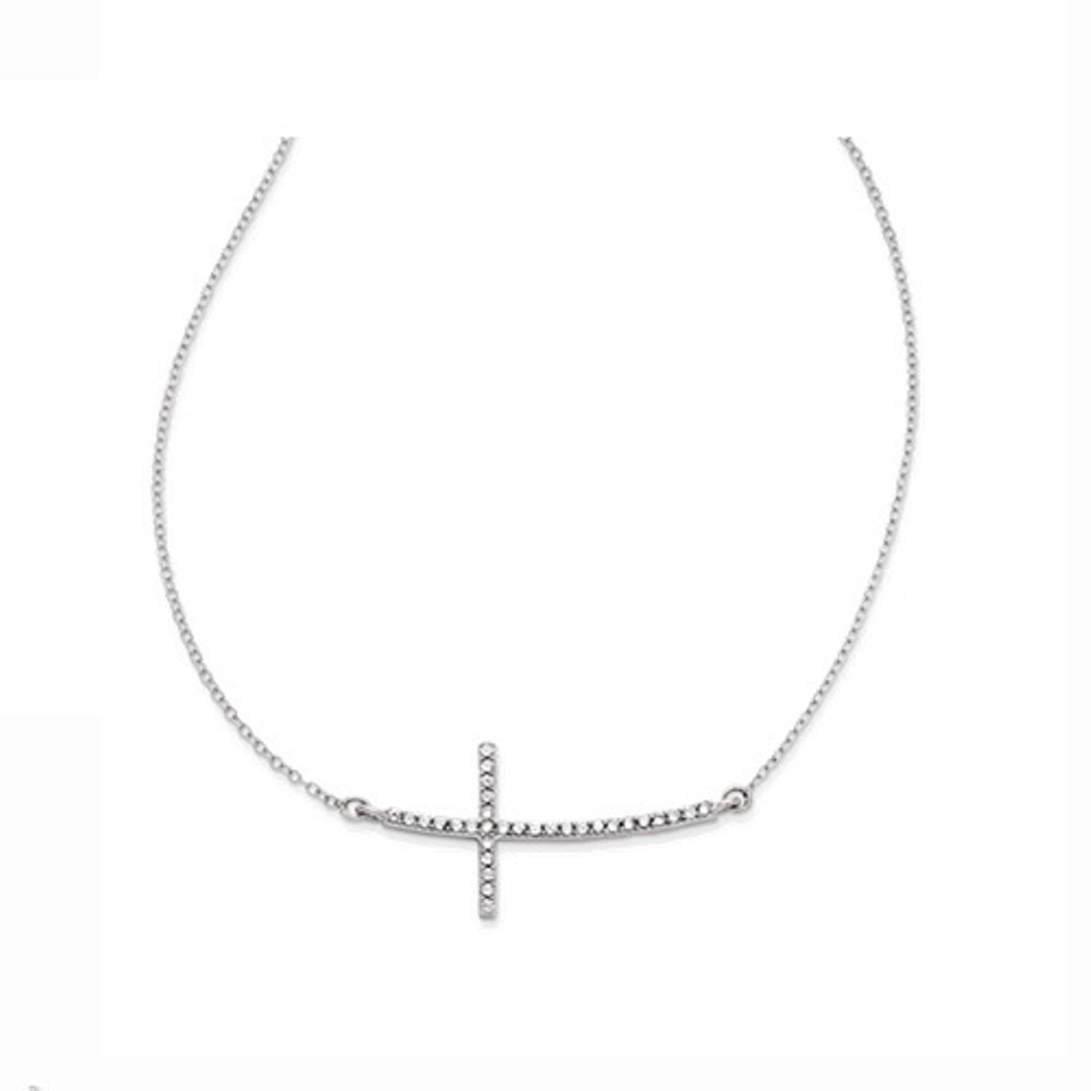  CZ Offset Sideways Cross Nacklace, Sterling Silver, 16-18